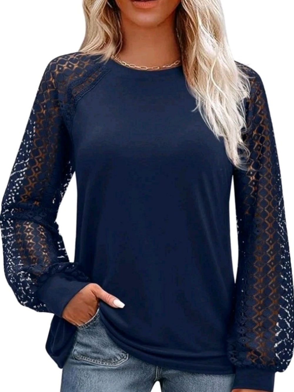 Lace Sleeve Long-Sleeve Top - Navy